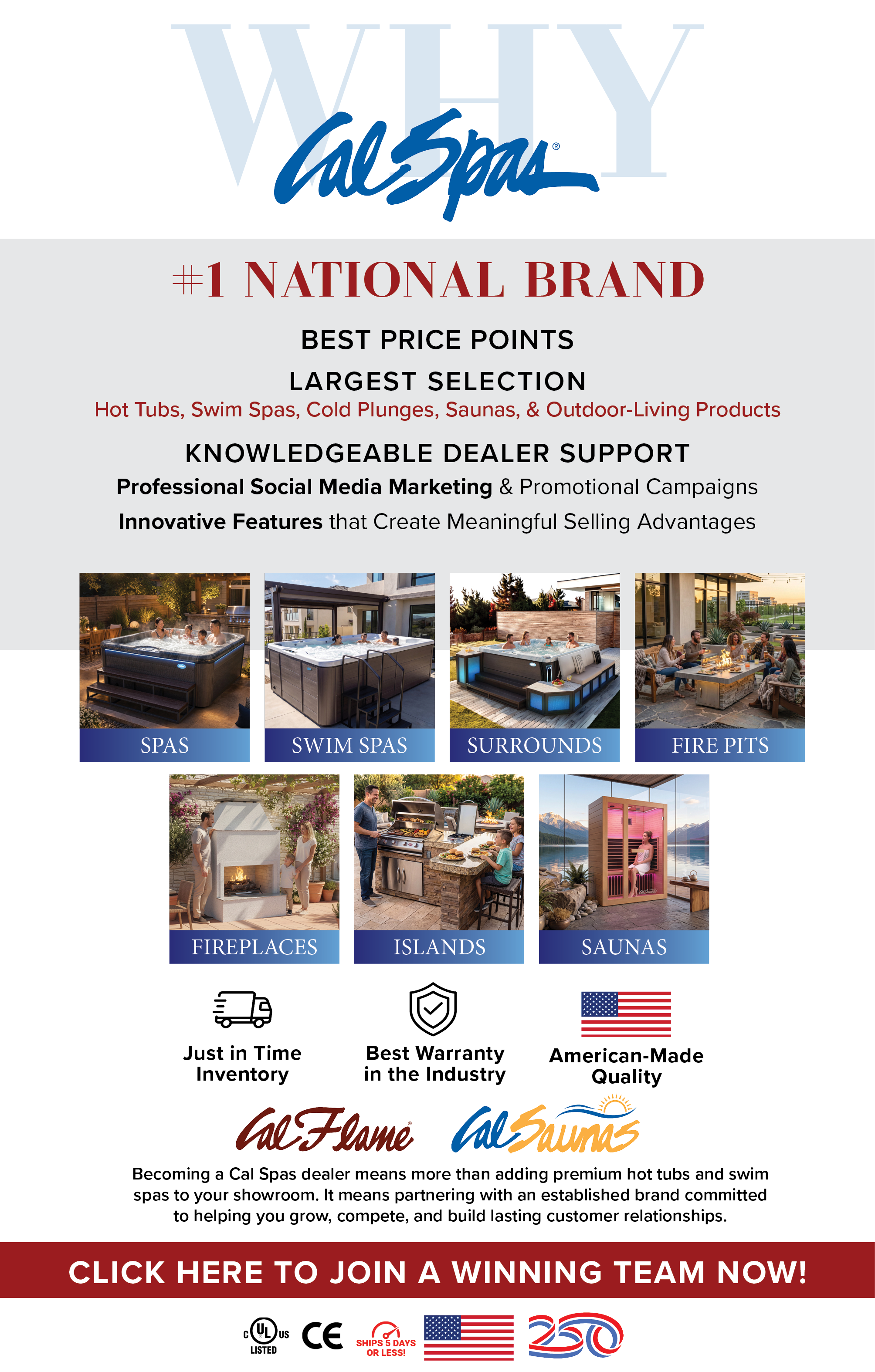 Cal Spas Red, White and Revenue promotion featuring the latest spas, swim spas, fire pits, fireplaces, islands and saunas